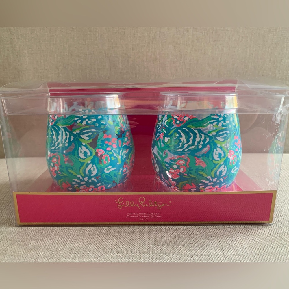 Lilly Pulitzer Acrylic Stemless Wine Glass Set of 2 - Aqua La Vista